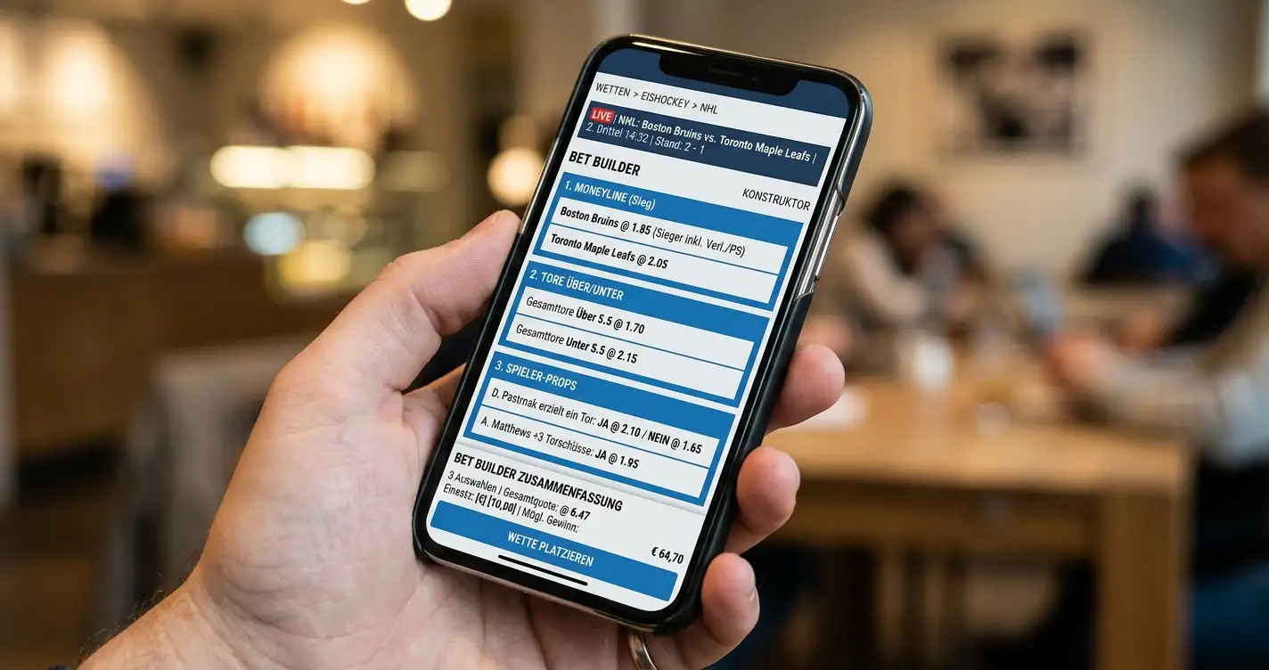 Bet Builder Eishockey Wettkonfigurator auf einem Smartphone mit NHL-Wettmarkt-Auswahl