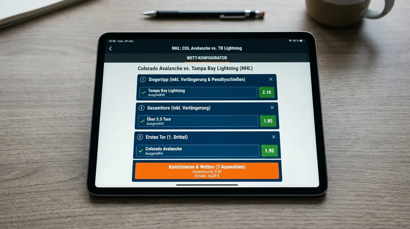 Wettkonfigurator-Oberfläche eines deutschen Wettmarkt mit Eishockey-Marktauswahl für NHL-Partien