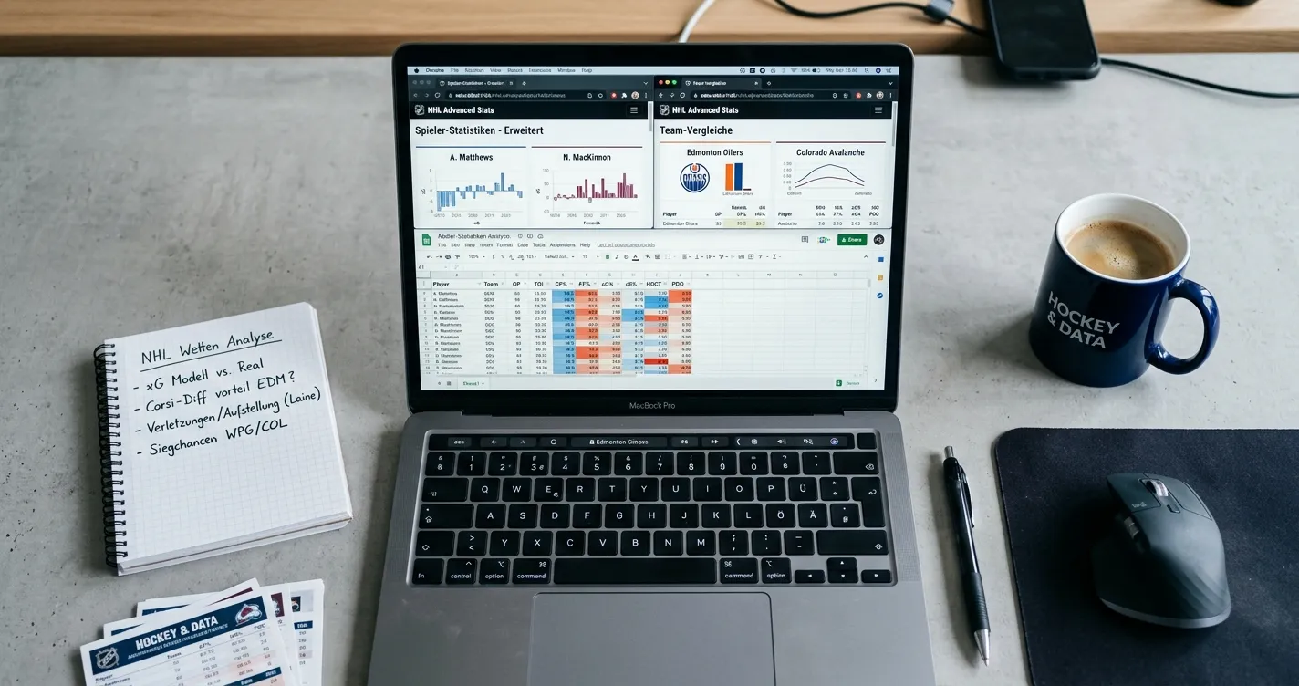 Eishockey Advanced Stats Wetten — Corsi und Fenwick Datenanalyse für NHL-Wettstrategien auf einem Laptop