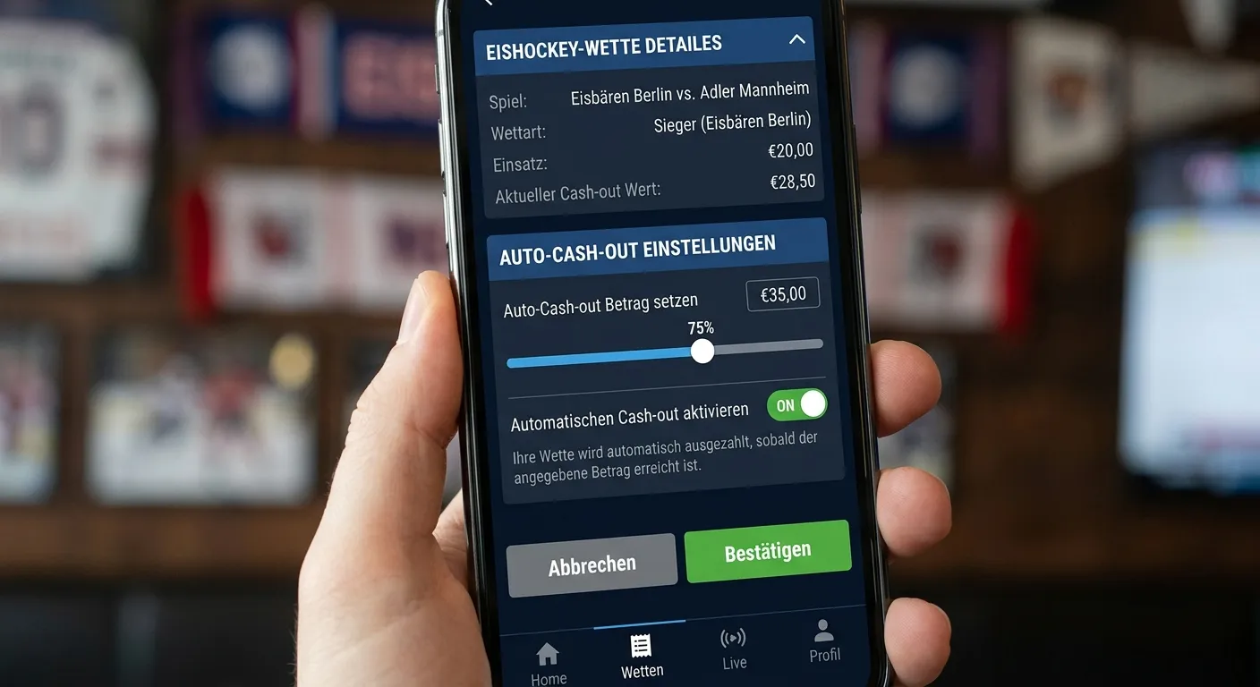 Auto-Cash-out-Einstellung in der Wetten-App eines deutschen Wettmarkt für eine laufende Eishockey-Wette