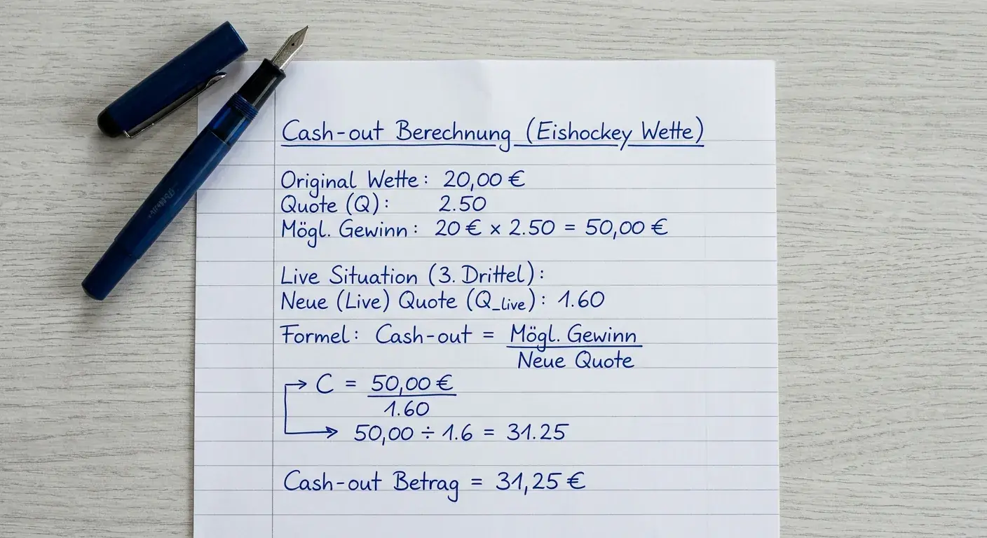 Rechenbeispiel zur Cash-out-Berechnung bei einer NHL-Eishockey-Wette mit Quotenvergleich