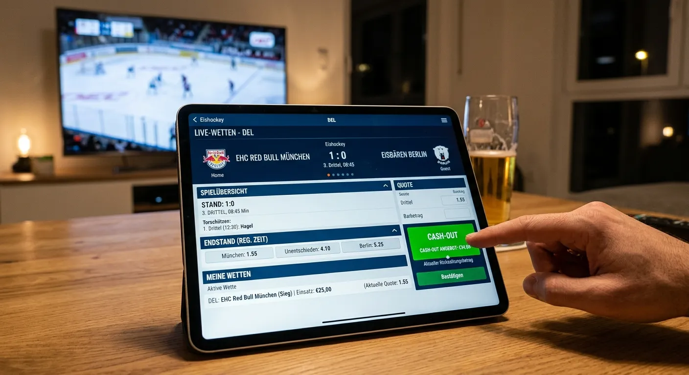Live-Wetten-Oberfläche mit aktiviertem Cash-out-Button für ein laufendes DEL-Eishockeyspiel