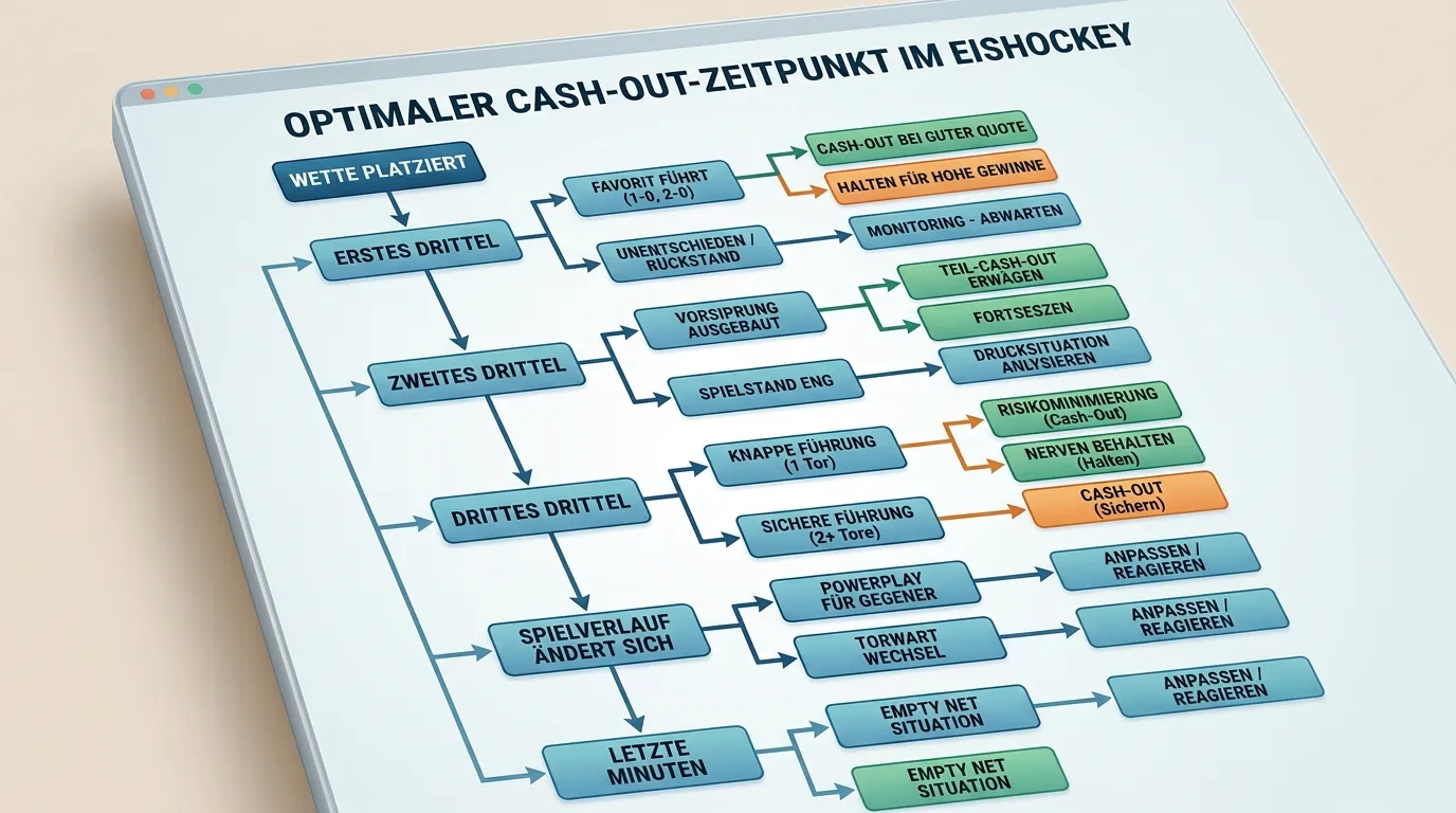 Entscheidungsdiagramm zum optimalen Cash-out-Zeitpunkt bei Live-Eishockey-Wetten im dritten Drittel