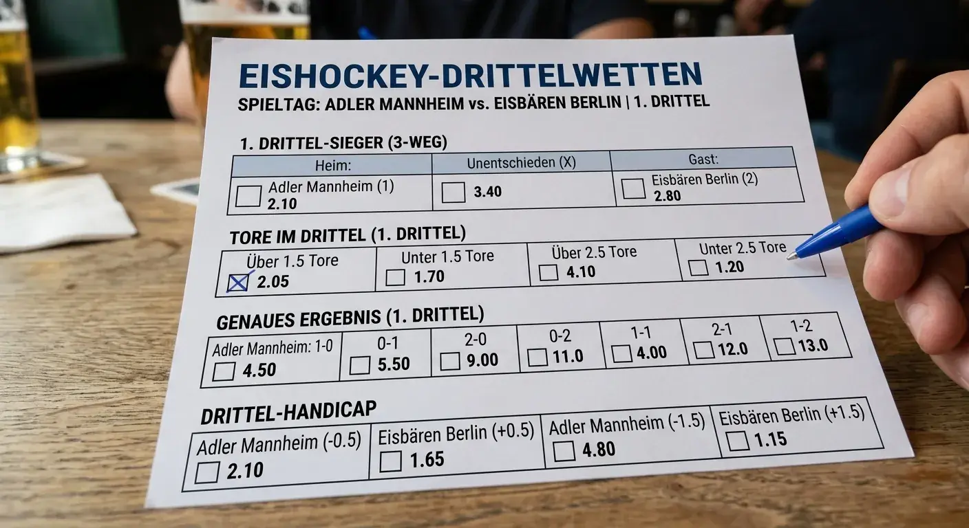 Übersicht der verfügbaren Drittelwetten-Markttypen im Eishockey mit Sieger, Tore und Handicap je Spielabschnitt
