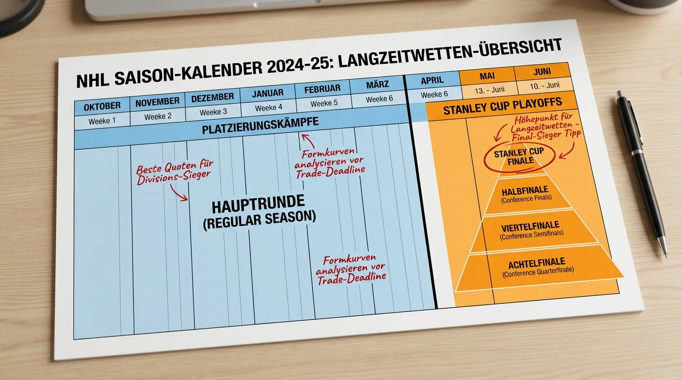 NHL-Saisonkalender für Langzeitwetten: Regular Season Oktober bis April, Playoffs bis Juni für Stanley Cup Wetten