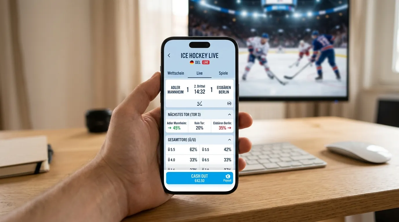 Eishockey Live Wetten und Cash-out Funktion bei deutschen Buchmachern — NHL DEL Echtzeit-Märkte Quoten