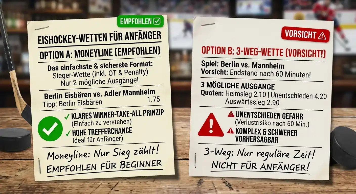 Moneyline als empfohlene Einstiegswettart für Eishockey-Anfänger — Erklärung und Abgrenzung zur 3-Weg-Wette