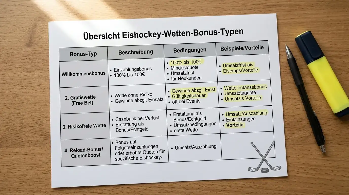 Eishockey Wetten Bonus Typen — Überblick der vier Hauptkategorien Willkommensbonus, Freiwetten, Quotenboosts und Kombiversicherung