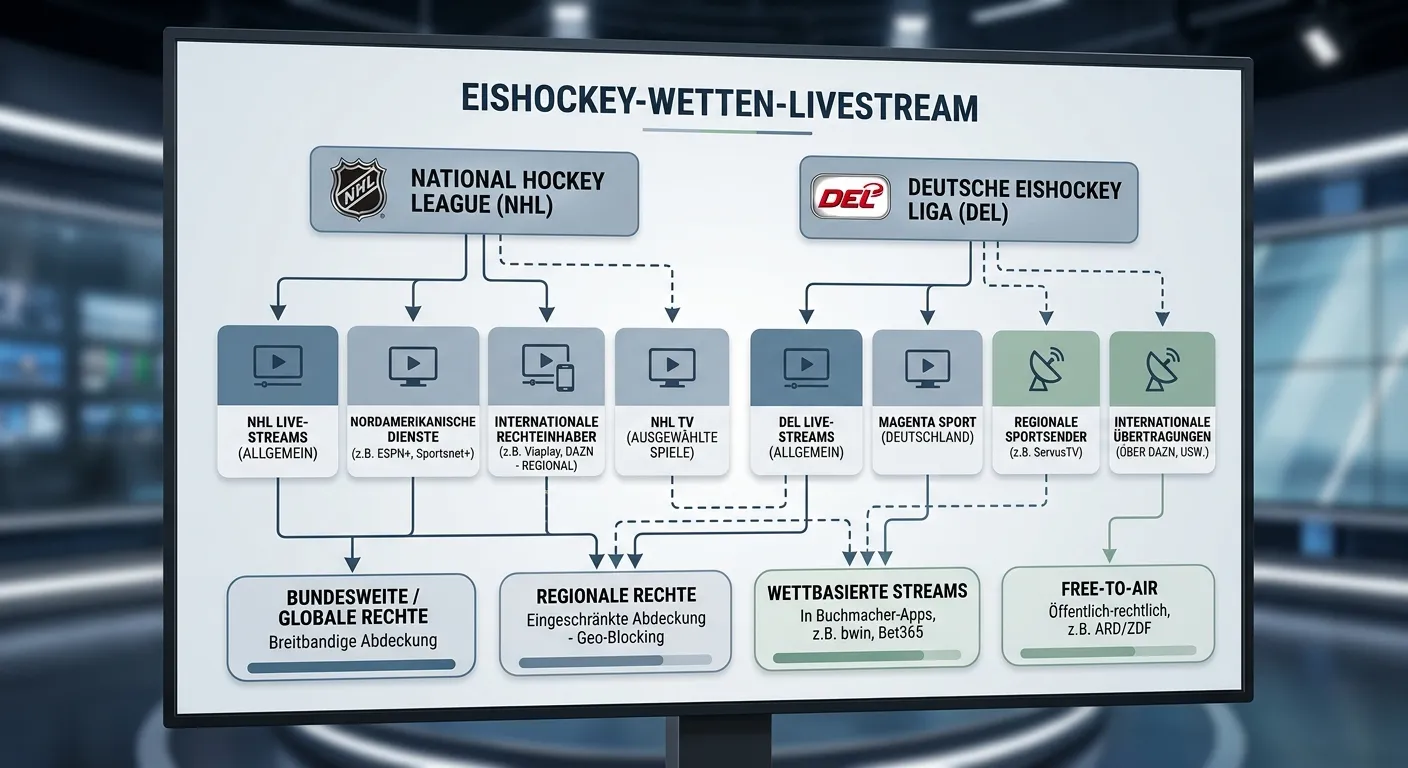 Deutsche Sportwetten-Marktbereiche mit Eishockey-Livestream: mehrere lizenzierte Marktbereiche für NHL und DEL Übertragungen im Vergleich