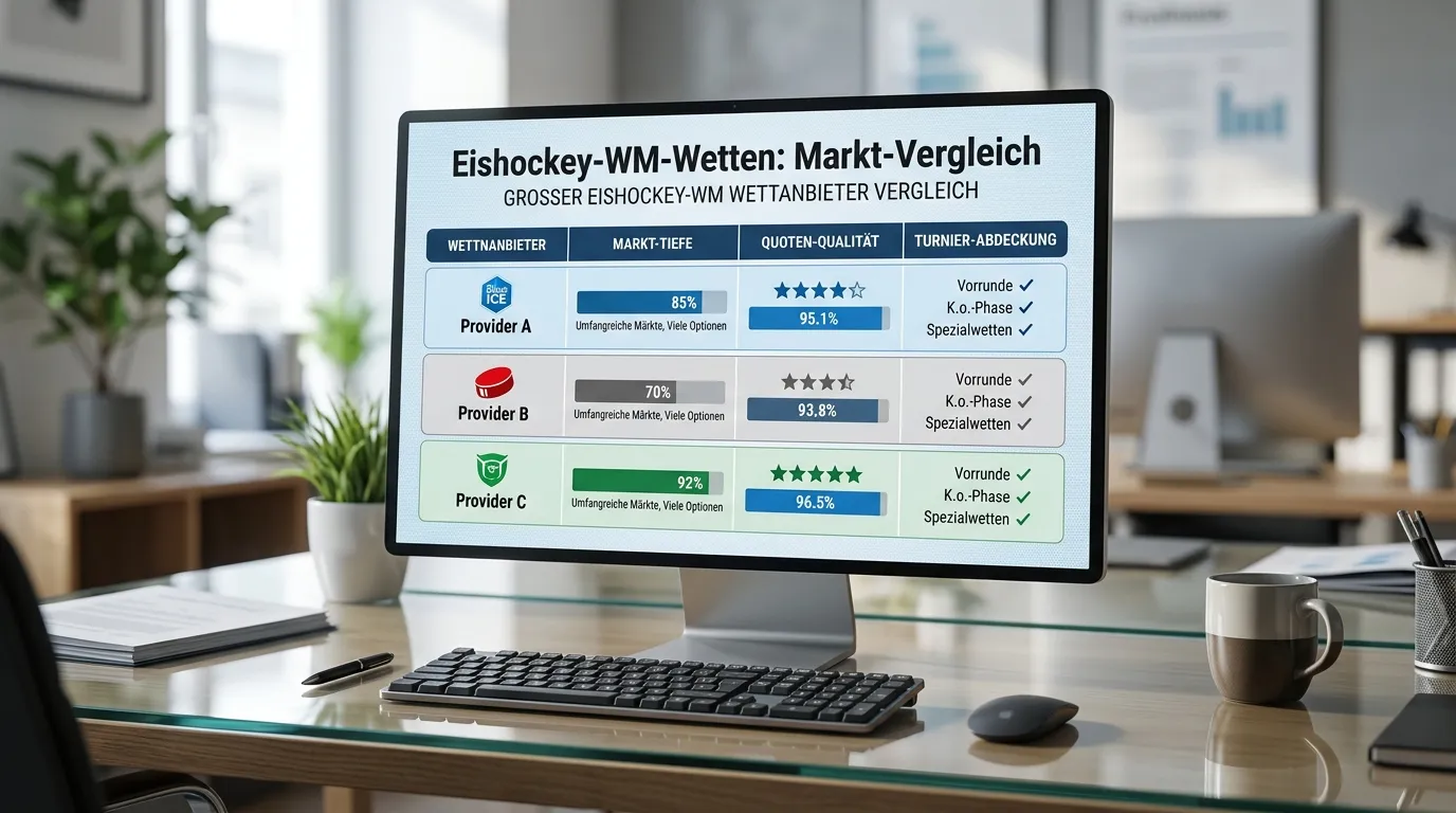 Vergleich GGL-lizenzierter Wettmärkte für Eishockey WM Wetten mit Markttiefe und Quotenschlüssel