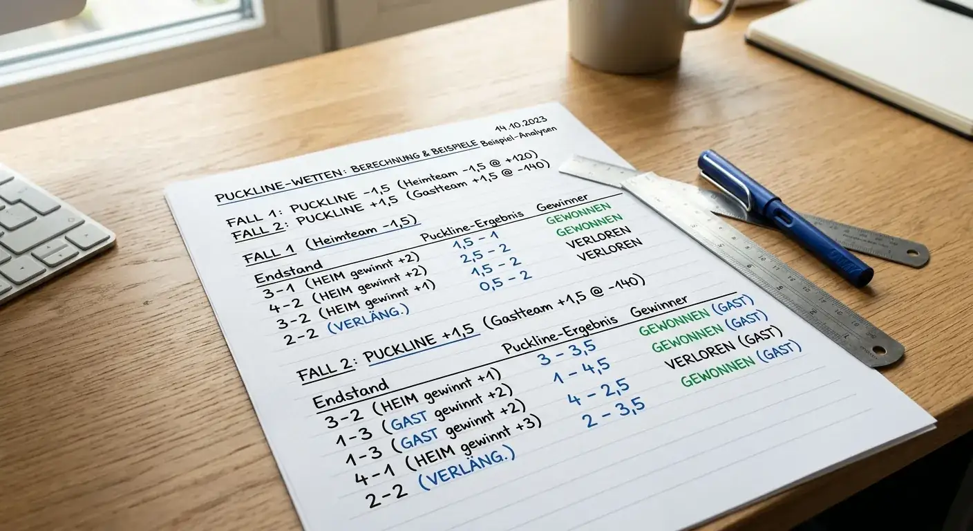 Puckline Wetten Berechnungsbeispiel — Handicap Regelwerk und Quoten für Favorit minus 1,5 und Underdog plus 1,5