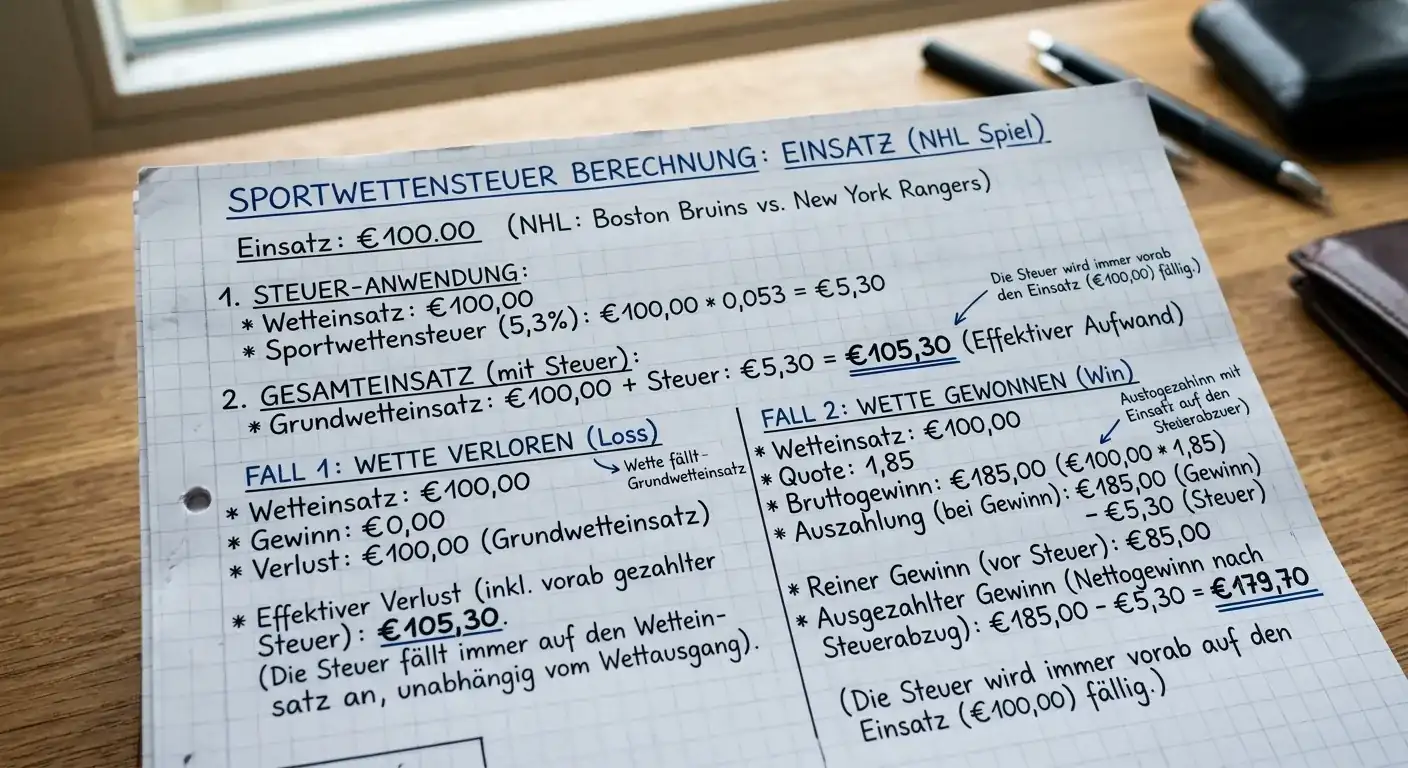 Sportwettensteuer Berechnung: 5,3 Prozent auf den Einsatz, nicht den Gewinn — Rechenbeispiel für deutsche Sportwetten