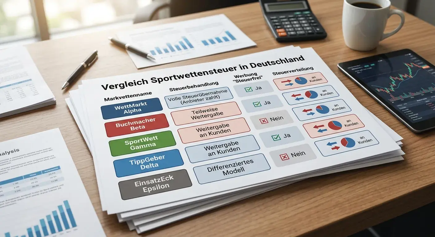 Vergleich Sportwettensteuer Träger: welche deutschen Wettmärkte die 5,3 Prozent Wettsteuer selbst tragen und welche sie weitergeben